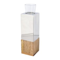 Stainless steel mango wood tealight tower w.glass, 8x8x28cm, silver