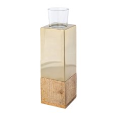 Stainless steel mango wood tealight tower w.glass, 8x8x28cm, champagne