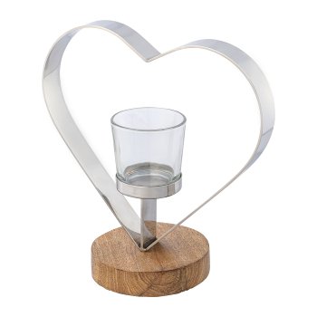 Stainless steel heart on mango wood base tealight w.glass, 10x20x20cm, silver