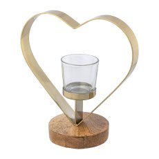 Stainless steel heart on mango wood base tealight w.glass, 10x20x20cm, champagne