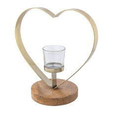 Stainless steel heart on mango wooden base tealight w.glass, 10x25x25cm, champagne