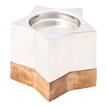 Stainless steel/mango wood candle holder star shape, 14x14x10cm, silver