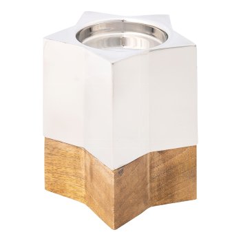 Edelstahl/Mango-Holz Kerzenhalter Sternform, 14x14x15,5cm, silber