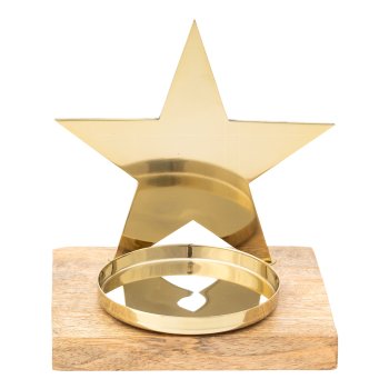 Stainless steel/mango wood tealight holder star motif, 12,5x10x14cm, champagne