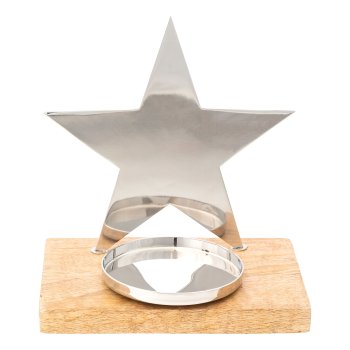 Stainless steel/mango wood tealight holder star motif, 15x10x16,5cm, silver