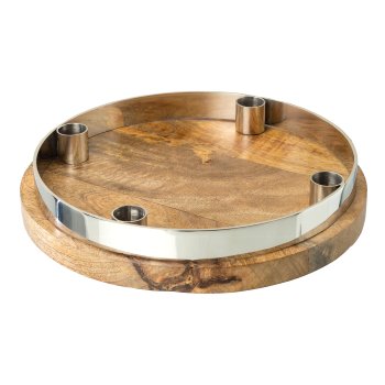 Stainless steel candle holder ring on mango wood plate, 27x27x5cm, silver