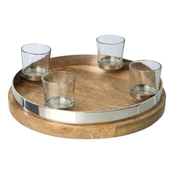 Stainless steel tealight holder ring on mango wood plate, with 4 glases