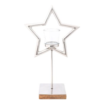 Stainless steel star on mango wood base w.tealight jar, 10x21x33cm, silver