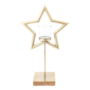 Stainless Steel Star on Mango Wood Base w.Tealight Jar, 10x21x33cm, champagne