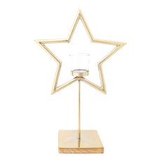 Stainless steel star on mango wood base w.tealight glass, 12,5x27x43cm, champagne