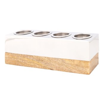 Stainless steel tealight block x 4 on mango wood base, 7,5x7x25cm, silver