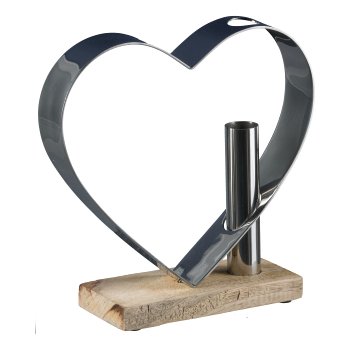 Stainless steel heart with vase on wooden base, 20x21,5x7,5cm, stainless steel