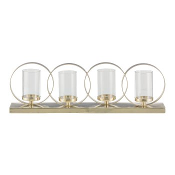 Stainless steel plate with 4 tealight glasses and rings, 72x11x23cm, champagne