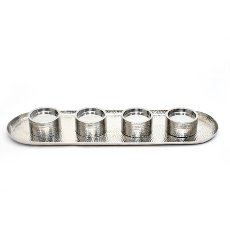 Stainless steel 4 candle holder on plate, hammered 66x20x6cm, silver