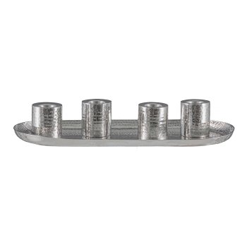 Stainless steel 4 candle holder on plate, hammered 40x18x7cm, silver