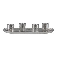 Stainless steel 4 candle holder on plate, hammered 40x18x7cm, silver