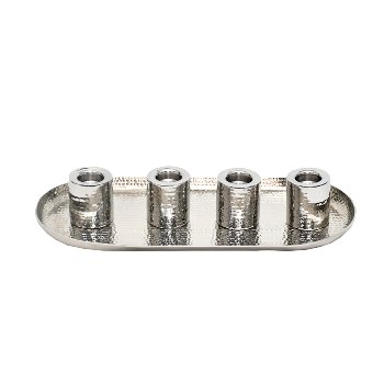 Stainless steel 4 candle holder on plate, hammered 40x18x7cm, silver