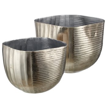 Aluminium Übertopf, gewellt/gerillt, 2er Set, 19x19x16/23x23x20cm, silber