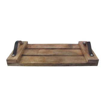 Wood Tray with Leather Handle 'Trays', 51x26x5cm, Nature