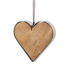 Wood Heart Pendant with Stainless Steel Edge, 14x14x2 cm, Silver, Lepuro