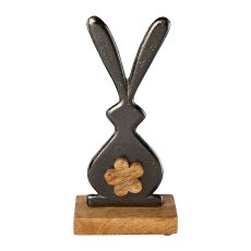 Aluminium rabbit on mango wood plate HARRY, 25x6x12cm, anthracite