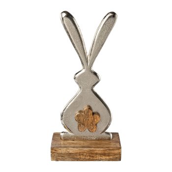 Aluminium Hase auf Mango Holz Platte HARRY, 25x6x12cm, silber