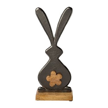 Aluminium rabbit on mango wood plate HARRY, 37x6x16cm, anthracite