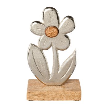 Aluminium flower on mango wood plate, 20x6,5x12cm, silver