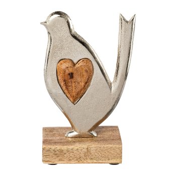 Aluminium Vogel auf Mango Holz Platte LARA, 16x5x8cm, silber