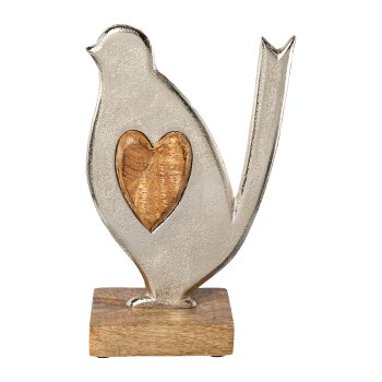 Aluminium bird on mango wood plate LARA, 24x6,5x13,5cm, silver