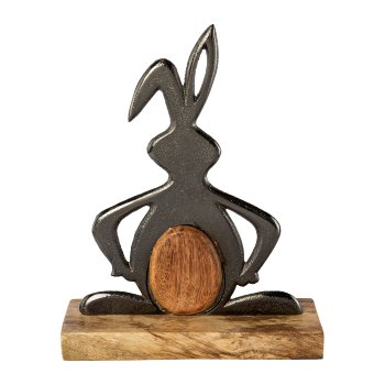 Aluminium Hase auf Mango Holz Platte JUSTIN, 24x6,5x13,5cm, Anthrazit