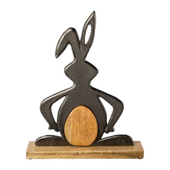 Aluminium Hase auf Mango Holz Platte JUSTIN, 38x6,5x31cm, Anthrazit