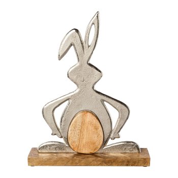 Aluminium rabbit on mango wood plate JUSTIN, 38x6,5x31cm, silver