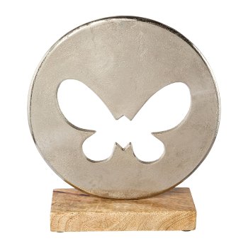 Aluminium disc with butterfly motif on plate, 23x7,5x20cm, silver