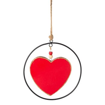 Wooden enamel heart pendant in metal ring, 20cm ring, 15cm heart, red