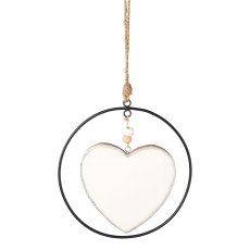 Wooden enamel heart pendant in metal ring, 20cm ring, 15cm heart, white