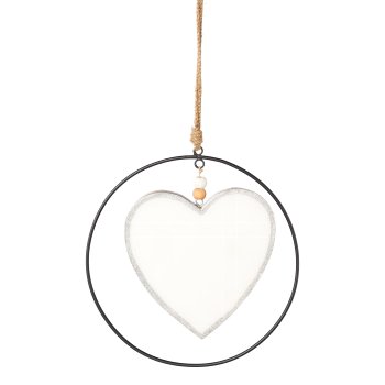 Wooden enamel heart pendant in metal ring, 25cm ring, 20cm heart, white