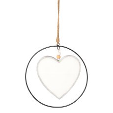 Wooden enamel heart pendant in metal ring, 25cm ring, 20cm heart, white