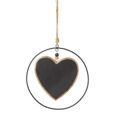 Wooden enamel heart pendant in metal ring, 25cm ring, 20cm heart, black