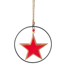 Wood enamel star pendant in metal ring, 20cm ring, 15cm heart, red