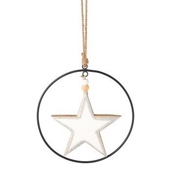 Wood enamel star pendant in metal ring, 20cm ring, 15cm heart, white