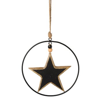 Wood enamel star pendant in metal ring, 20cm ring, 15cm heart, black