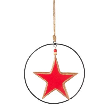 Wood enamel star pendant in metal ring, 25cm ring, 20cm heart, red