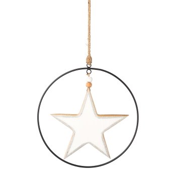 Wood enamel star pendant in metal ring, 25cm ring, 20cm heart, white