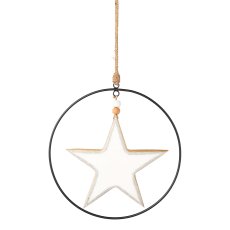 Wood enamel star pendant in metal ring, 25cm ring, 20cm heart, white