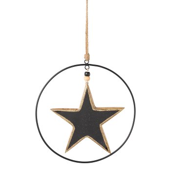 Wood enamel star pendant in metal ring, 25cm ring, 20cm heart, black