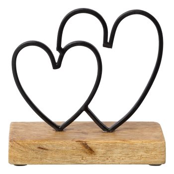Iron heart x 2 on wood base, 20x18,5x6cm, black