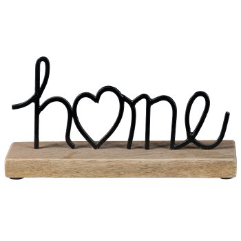 Iron lettering HOME on wood base, 11x20x5cm, black