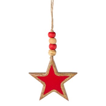 Wooden star pendant Enamel with metallic edge, 10cm, red