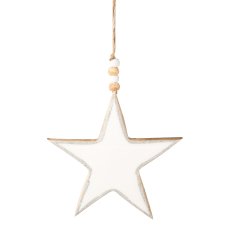 Wooden star pendant Enamel with metallic edge, 20cm, white